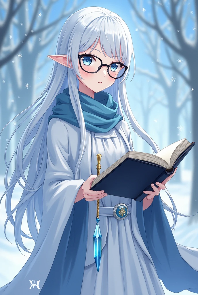 Create an pallid elf woman named Weiss Winterfall. She is a 1 girl with long white hair, snow-pale skin, icy blue eyes, and glasses. She is also a Chronurgy wizard who wields a crystal dagger on her side. She also has an open spellbook in her right hand and a crystal blue wand in her left. Weiss also lives in a country full of snow and ice. Furthermore, draw her with a more mature and intellectual demeanor. Draw her in the Yamada and the seven witches anime style.