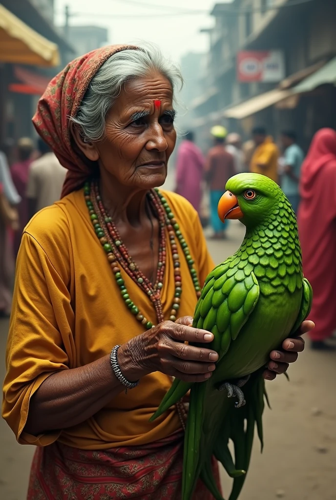 A Indian old poor woman  is making a big green chilli parrot  watching people 