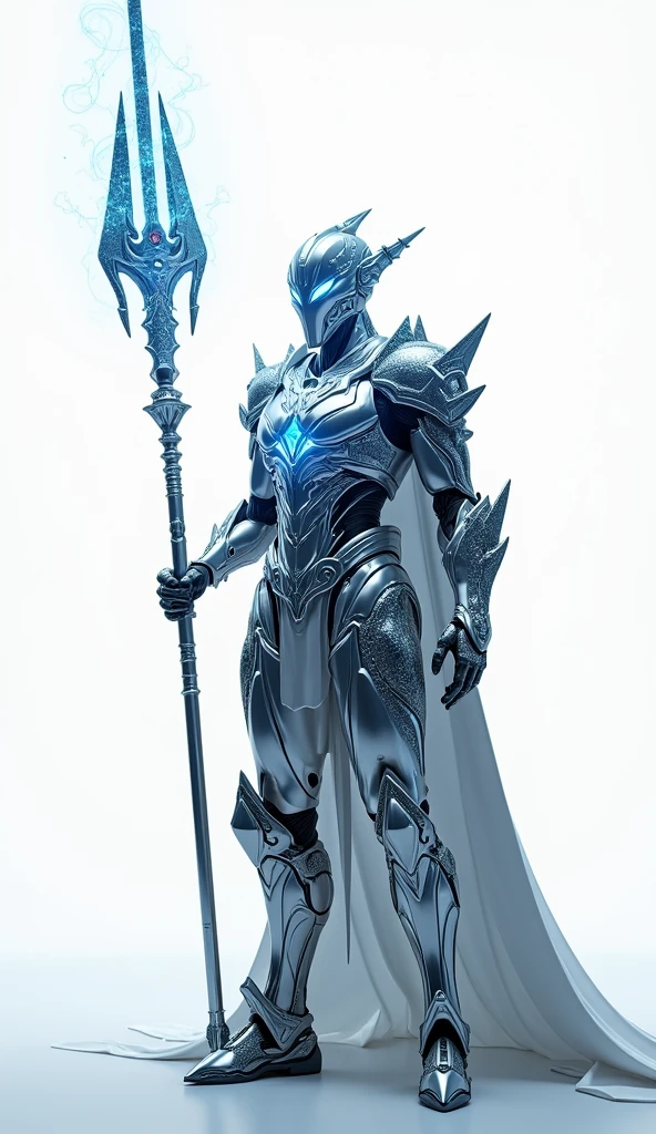 Generate a 4K, hyper-realistic image of a formidable warrior from the Queen's army, standing against a pure white background. This warrior wears an intricately designed armor, combining celestial elements with futuristic technology. The armor features glowing blue and silver patterns that pulse with energy, symbolizing their connection to cosmic forces. The warrior's helmet is sleek, with a visor that emits a soft, ethereal glow. They wield a massive, energy-infused spear, held with both hands in a commanding pose. Focus on the intricate details of the armor, the warrior's powerful stance, and the futuristic, cosmic design elements