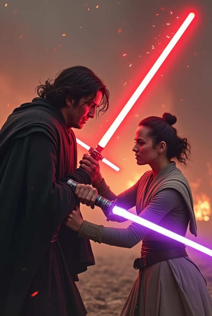 Ben Solo and Rey Skywalker as Jedi Ash. Ben has a red saber, and king a violet staff.