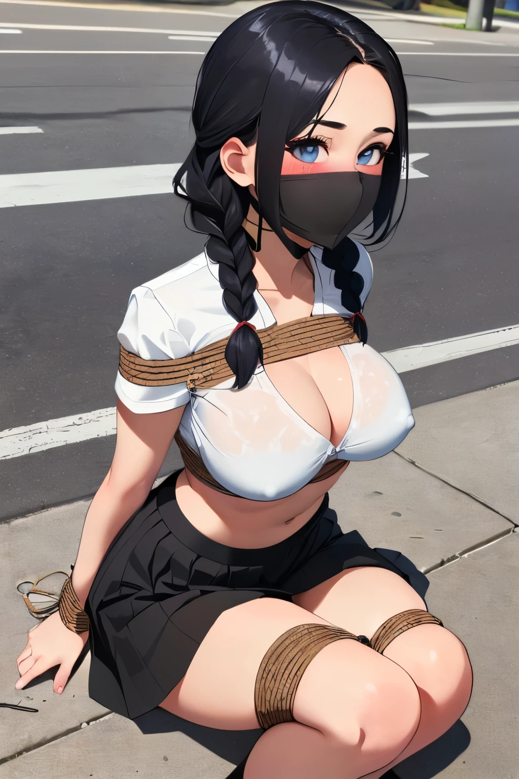 1 girls, (detailed light blue eyes, longeyelashes, detailed beautiful face:1.2), 4k quality, (Long black hair:1.5), (arms behind back:1.4), (big breasts:1.5), (blushing:1.3), (very long hair, Hair in the face, two strands in front of hair, two small braids to the back:1.4), (black skirt, White cropped shirt, Breast carrier, Side chest, cowgirl, black rope:1.7), (Bondage:1.4), (full breasts, narrow waists, wide hips:1.3), OTN, White Gag, gagged, (sitting:1.7), (sitting on the ground on a curb, camera Close to face:1.6)