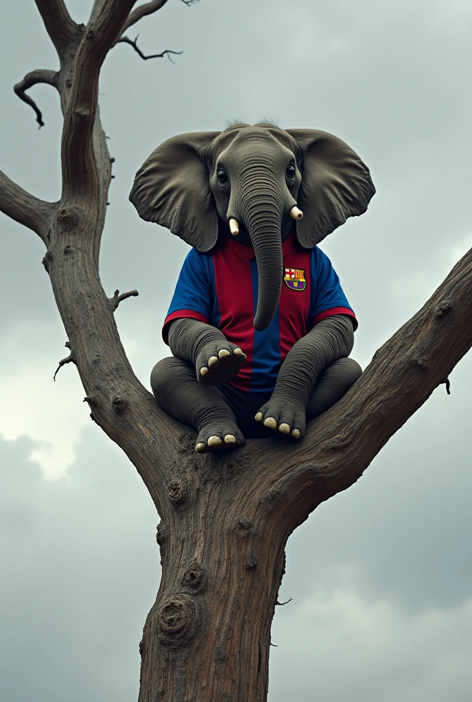 An elephant wearing barcelona jersey sitting like human on a very thick branch of a long dry tree that looks like the elephant might fall with the branch. The photo is for meme purpose. Make the branch very thick.