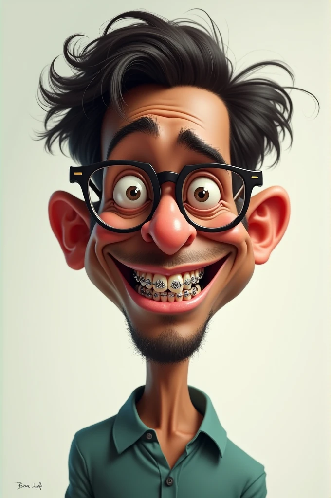 Caricature of an adult man, dark skin with glasses and braces