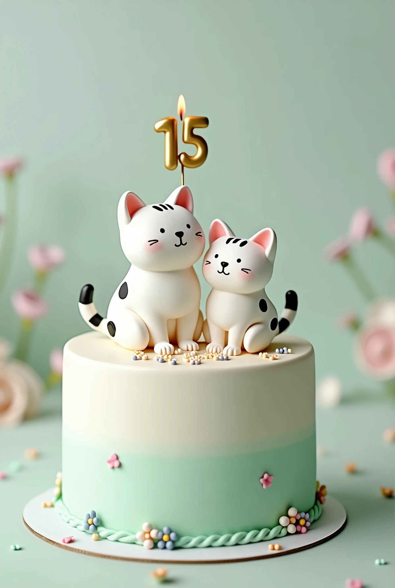 Image of a single tier birthday cake. The photo and the cake are in white tones., blackw, light pink and aqua green. On top of the cake are two miniature white cats with black spots.. On top of the cake there is also a golden candle with the number 15. The image must be harmonious and delicate, that demonstrates feelings of joy and comfort. The word PBCAT must be written on the cake. The candle must have the number 15