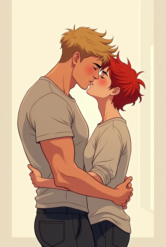 Boys love in webtoon style kissing, first guy is muscular and blond and the second guy is red haired and small
They are kissing webtoon style manhwa
They are gay boys love boysss