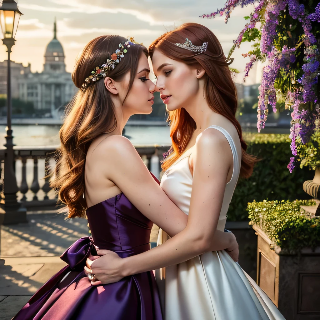 (​masterpiece, best quality:1.5), highest quality, High resolution, super detailed, Realists, Upper body photo of red-haired woman, detailed and beautiful eyes, beautiful detailed lips, very detailed eyes and face, longeyelashes, Woman in evening dress made of shiny satin fabric, Beautiful and colorful makeup, elegant and noble々Pose,shiny satin headband, Grind, holding flowers, Gardens as background, soft daylight, bright colors, fine brushstrokes, Portrait style, Noble details in the dress fabric, beautiful color palette, glowing skin, First-class rendering, that captures every detail, enchanting atmosphere, subtle shadows and lights, (perfect anatomy:1.2), (The two stunning women are deeply in love:1.4), (kiss:1.2), (magnificent panorama view:1.2)