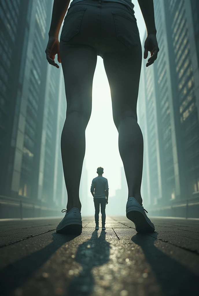 ((High definition, Masterpiece, 8k, Digital Photography, Digital Art)), ((Natural illumination)), contrast, white illumination, ((A tiny man walking under the legs of a giantess woman)), ((Giantess)), ((Low angle perspective))