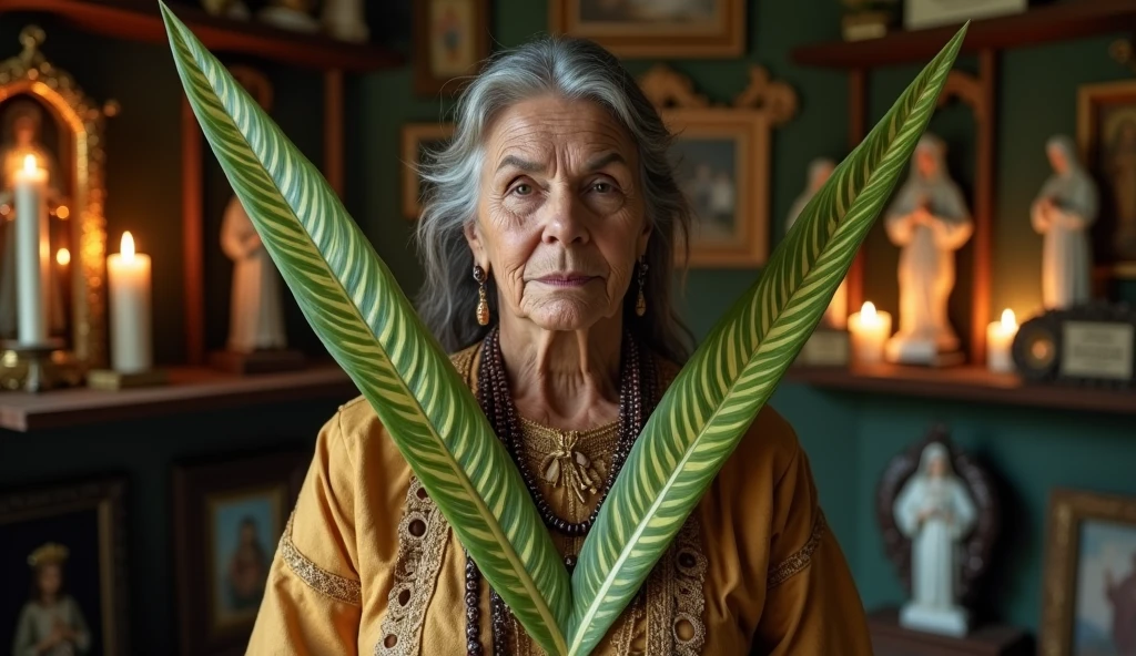 ultra realistic Brazilian northeastern elderly woman healer with two long plants in the shape of thin spears, crossing like an x in front of your chest. The plant is green with light green and dark green stripes throughout with a yellowish edge.. In the background, a house with a shelf with saints and many lit candles.. convey depth. detail of the plants are striped horizontally in green and yellow, imitating the plant Sansevieria trifasciata, The woman wears beautiful, elegant mystical clothes and has a serious and firm face. Behind her we have candles and images of saints and Christ..