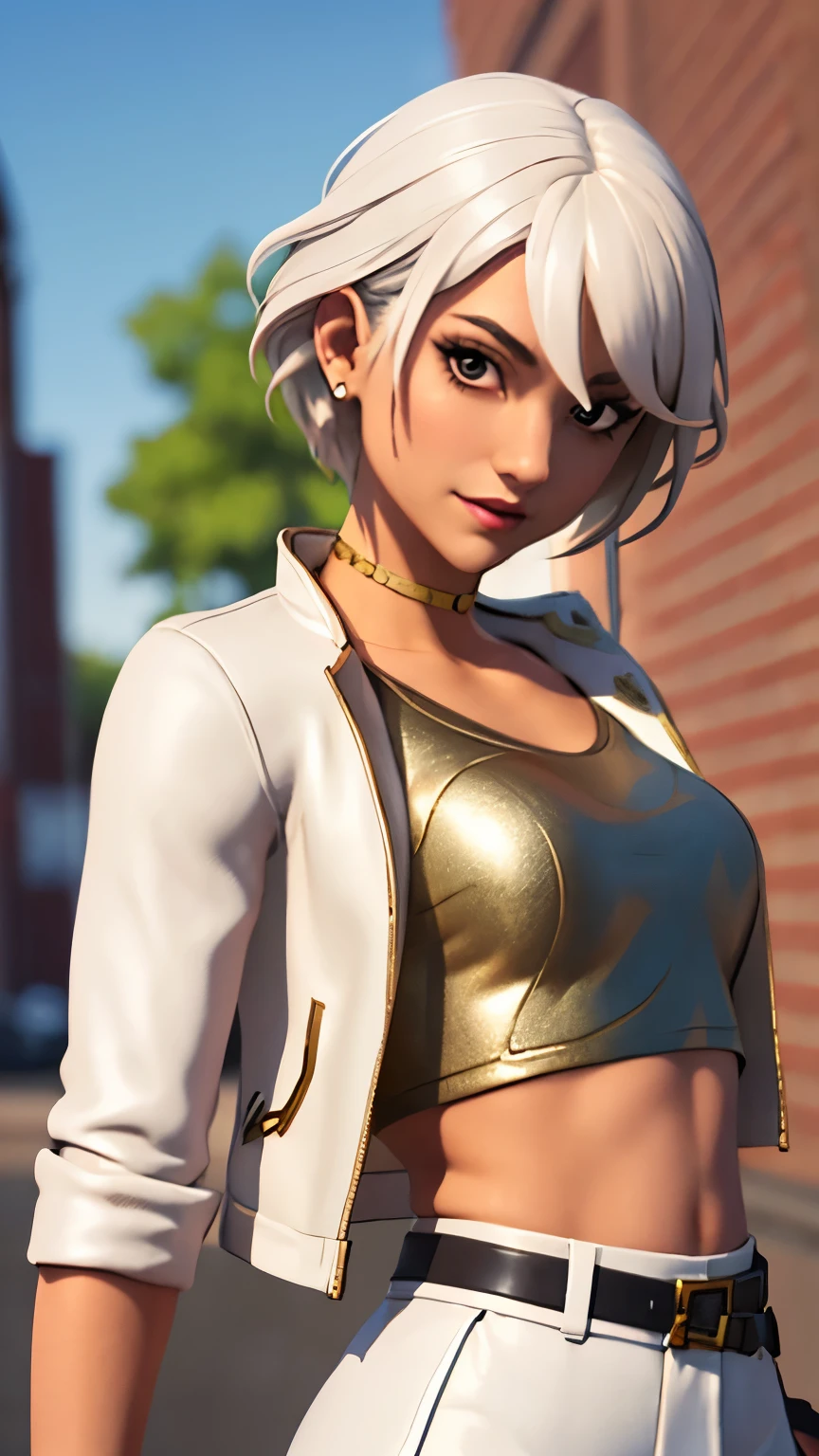 City background, 1girl, solo, AphroditeFN, Aphrodite from fortnite, (crop top, gold top, open clothes), (jacket crop top, white jacket, jacket loose, one short sleeve, one long sleeve), fingerless gloves, white skirt, miniskirt, belt, white hair, short hair, lipsticks, smirking at the viewer, heart, upper body, looking at viewer,