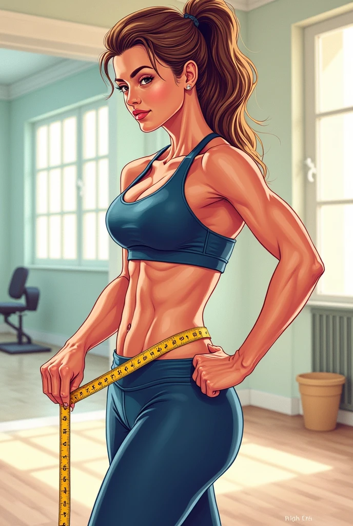 A colored drawing of a fitness woman measuring her belly with a tape measure