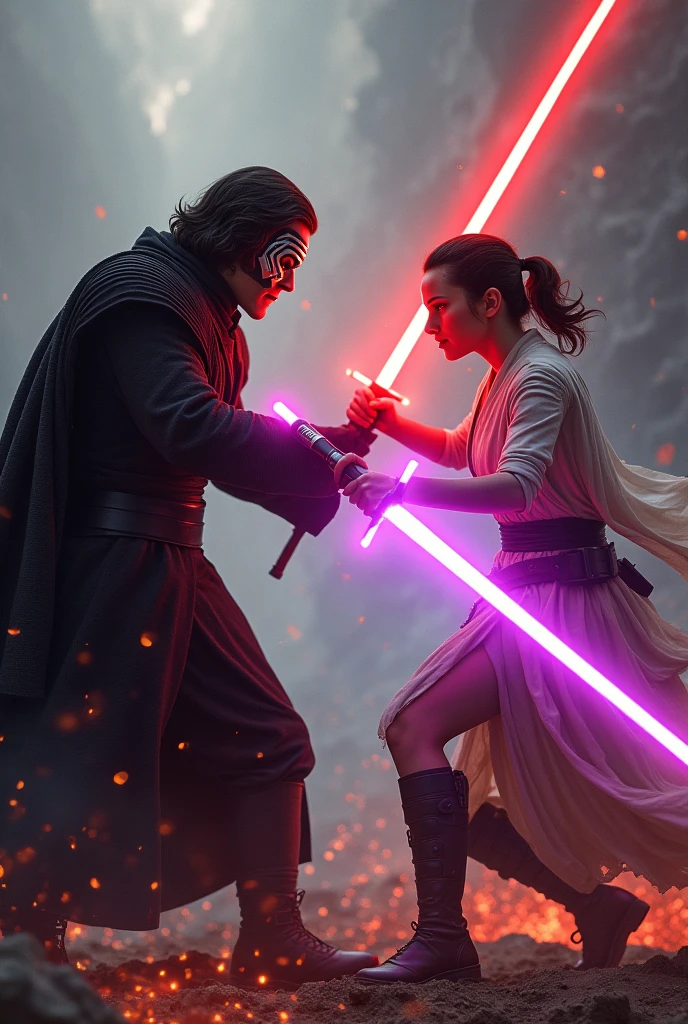 Ben Solo and Rey Skywalker as Jedi Ash. Ben has a red saber, and king a violet staff.