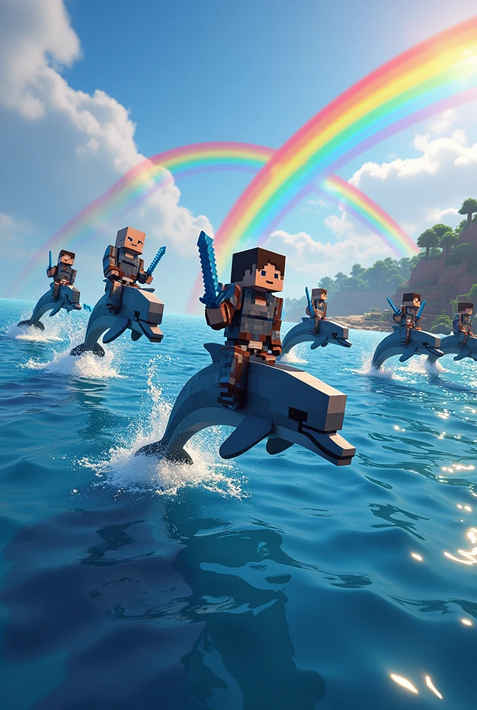 Create a Minecraft-style image showing a sea full of jumping dolphins. About each dolphin, place Minecraft characters wearing full enchanted netherite armor. Be sure to include several vibrant rainbows in the sky, filling the scene with color. The background must be a Minecraft landscape depicting a marine environment. Each character must hold a sword, And also, Each one must have a skin that represents a famous person. But that character must be riding dolphins but there should be more rainbows