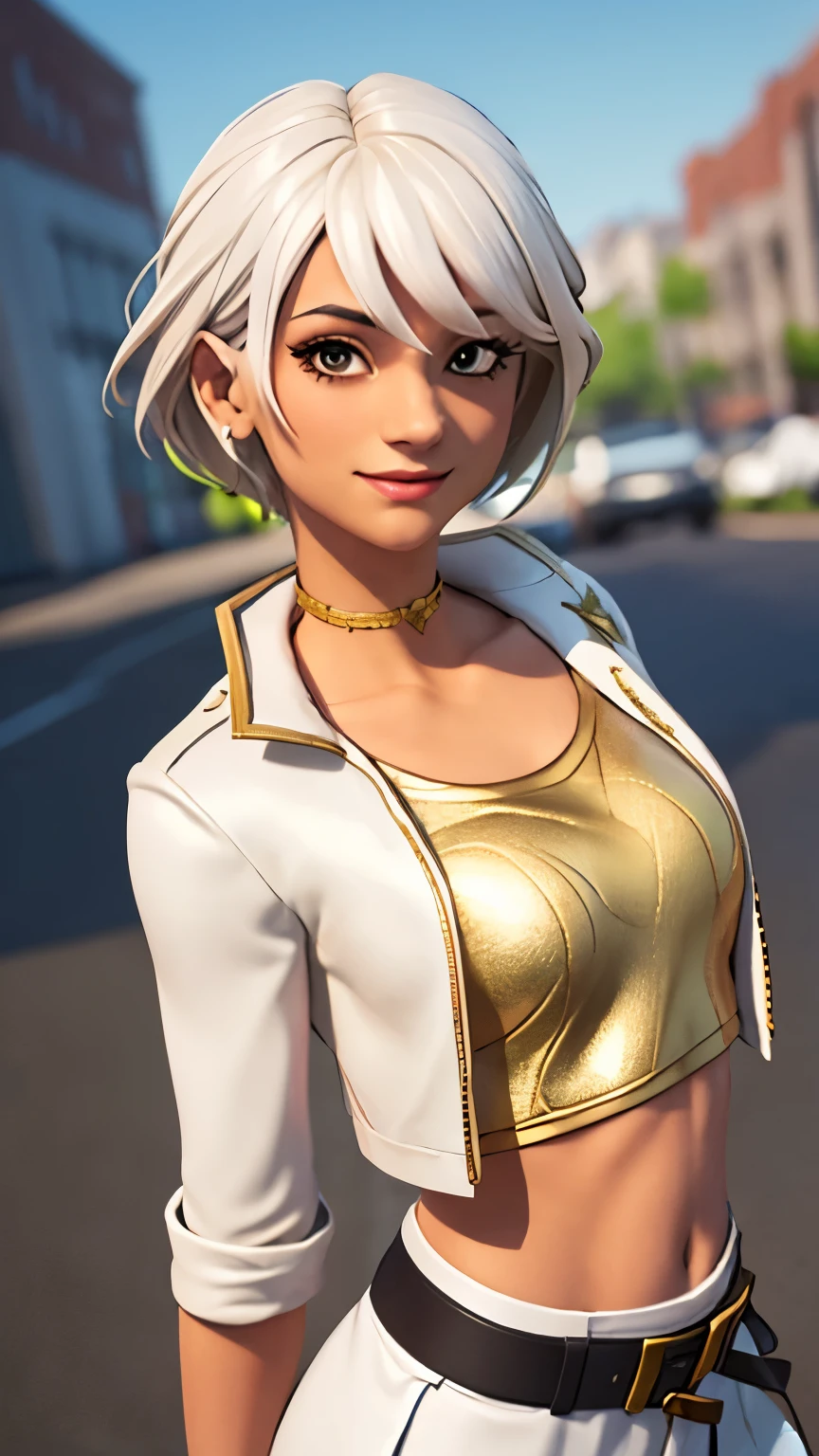 City background, 1girl, solo, AphroditeFN, Aphrodite from fortnite, (crop top, gold top, open clothes), (jacket crop top, white jacket, jacket loose, one short sleeve, one long sleeve), fingerless gloves, white skirt, miniskirt, belt, white hair, short hair, lipsticks, smile, heart, upper body, looking at viewer,