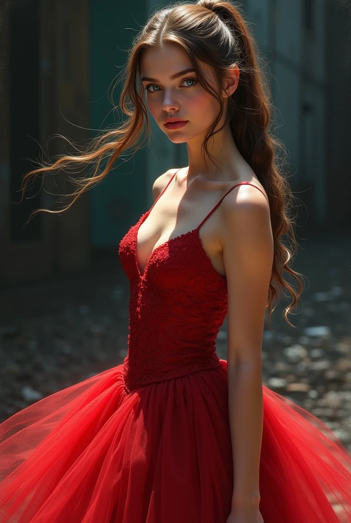 Realistic drawing of a ung woman, extremely beautiful, Long brown hair tied back in a high ponytail, very blue eyes, with a red tutu dress, at night, dark, realistic drawing