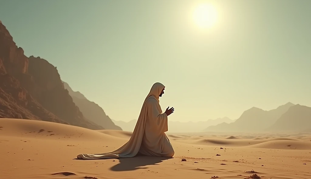 
"A solitary figure kneeling in prayer, surrounded by a soft, divine light, ancient Middle Eastern attire, in a vast desert with distant mountains, seeking refuge under a giant shadow, the sky is clear with a faint halo of light on the horizon, hyper-realistic, photo realism, cinematography -- ar 16:9"