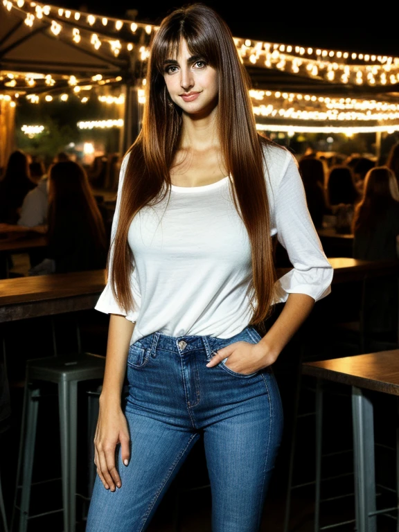 (wide angle), (angled view), (full body view), (evening), (young extremely tall Penelope Cruz aged 18), (much taller than everyone else), candid, (looking to the side), (((extremely tall college student))), standing near a table in a trendy outdoor beer garden in New York City near a large crowd, fairie lights, dimly lit, ((slim)), ((arafed)), ((skinny)), old weathered wooden tables, casual, cute, (nighttime), symmetric eyes, tall beer glass, busy, many diverse people, symmetric breasts, (tucked-in short-sleeved scoop-neck blouse), (stretched fabric), very high heels, cleavage, plain jeans, (long full very wavy auburn hair), (bangs), (((very long hair))), jumbo huge colossal gigantic breasts