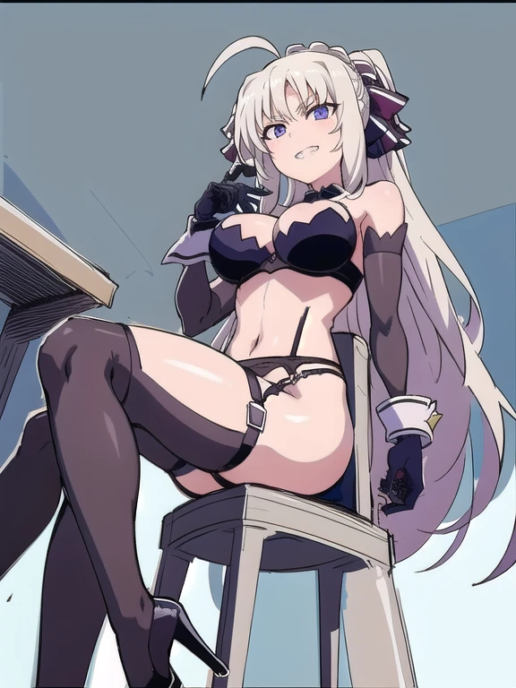 prison, concrete wall, concrete floor, ((bare shoulders)), ((black bustier)), ((black stockings)), ((black g-string)), ((black high heels)), ((black garter belt)), ((black elbow gloves)), ((chair)), ((female sitting in a chair)), ((evil grin)), (((((from below))))), looking at viewer, ass pov, ((((looking down)))), ((stare at viewer with stern eyes)),
One girl,  Long Hair, Purple eyes,  chest, Ahoge,   very Long Hair,   large breasts, ribbon,  hair ribbon, ponytail,  bangs,
