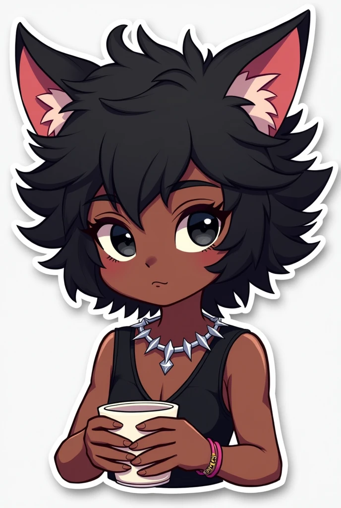 I want to create a series of stickers for WhatsApp and Telegram where the character has dark skin, eyes black, Black curly hair, Cat's ears, cups, and a spiked necklace around his neck.