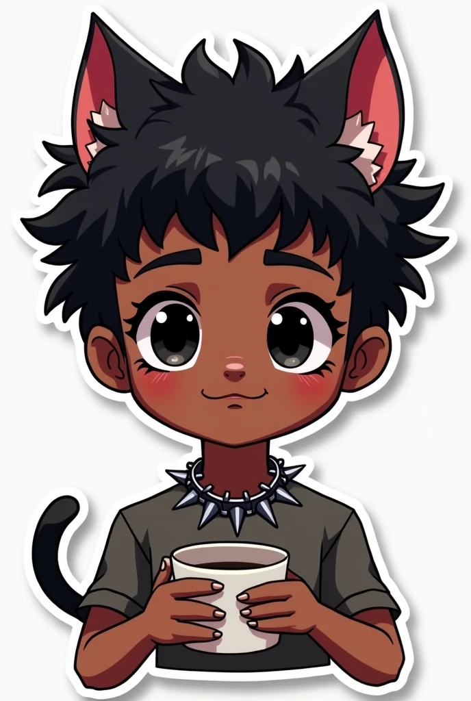I want to create a series of stickers for WhatsApp and Telegram where the character has dark skin, eyes black, Black curly hair, Cat's ears, cups, and a spiked necklace around his neck.