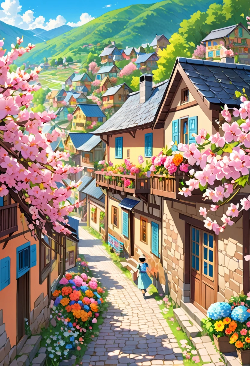 A vibrant, colorful village covered in blooming flowers of every kind. The houses are painted in pastel colors, with flower boxes overflowing with blossoms in every window. The villagers are seen enjoying the sunny weather, walking along flower-lined paths, and children are playing in the fields
