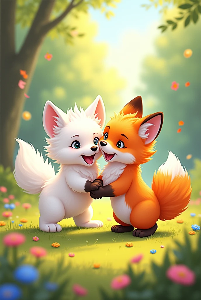 dessin couleur d'un bébé loup blanc et bébé renard roux qui font la fête ensemble