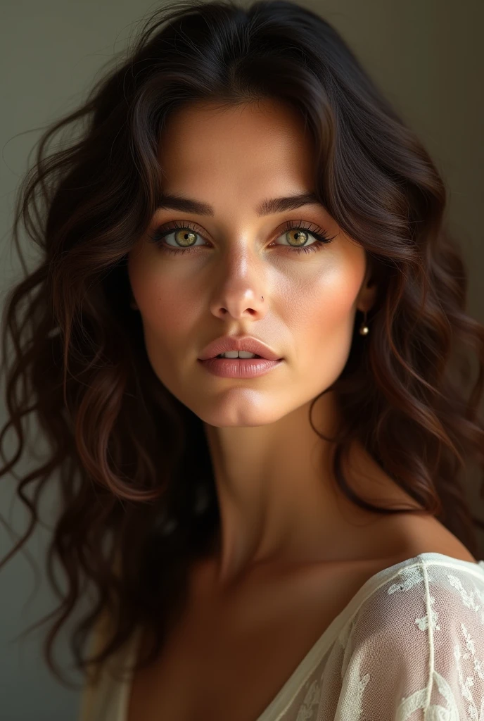 40-year-old woman with waist-length, chocolate-colored curly hair, copper colored skin, greenish honey colored eyes