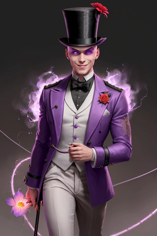 A creature with very light purple skin. Eyes that glow a red color, He wears a purple jacket with a red flower in the jacket pocket and walks barefoot.. In addition, it has several energy cables and wires that pass through it and come out of its skin, which is visible., he holds a cane and has a big smile on his face, Furthermore, she is bald and wears a top hat with a symbol.