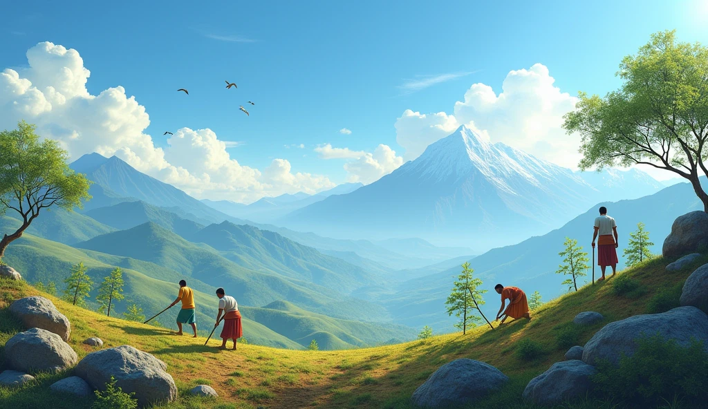 Ultra HD background image with Mountains and hills with birds flying on sky. Group of indian people planting trees on one of the hill.