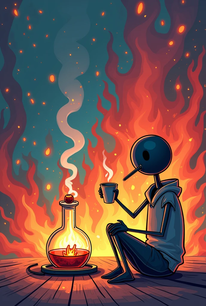 a small fire under an alchemist's flask on which a stickman is leaning, sitting on the ground with his legs bent, with a coffee near his mouth in his left hand, and a cigarette in the right hand with the arm straight and relaxed downwards, colorful background dj colors flame style