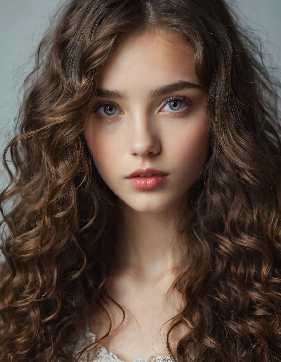 beautiful detailed eyes, beautiful detailed lips, extremely detailed eyes and face, long flowing hair, girl, 1 girl, studio lighting, high quality, 8k, realistic, photorealistic, intricate details, beautiful detailed face, volumetric lighting, ultra detailed, cinematic lighting, dramatic lighting, glowing skin, dramatic shadows, realistic skin texture, cinematic composition, dramatic contrast, muted colors, soft colors, dreamlike, whimsical, ethereal, mystical, magical, fantasy, bottom curly hairs, dark brown hairs