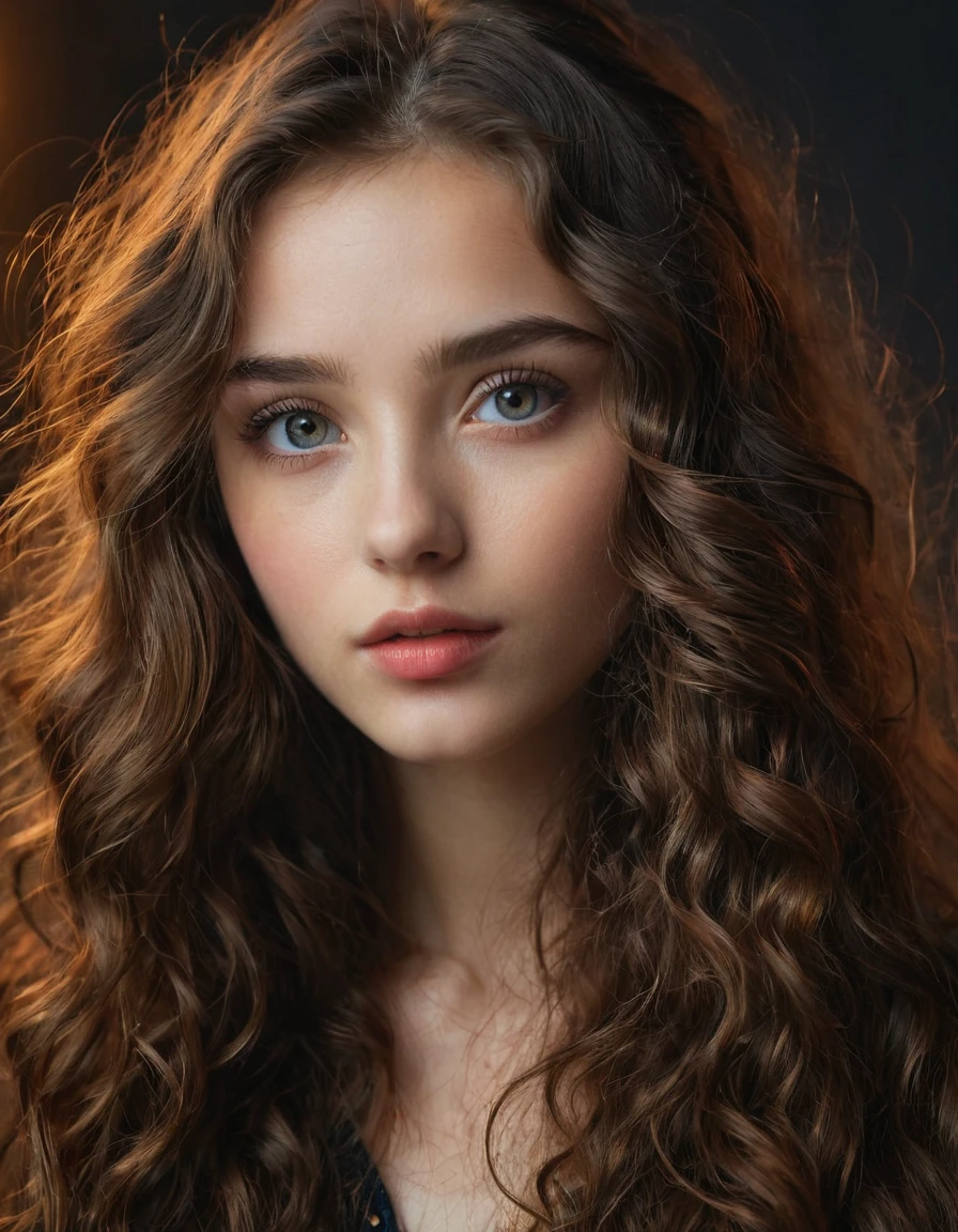 beautiful detailed eyes, beautiful detailed lips, extremely detailed eyes and face, long flowing hair, girl, 1 girl, studio lighting, high quality, 8k, realistic, photorealistic, intricate details, beautiful detailed face, volumetric lighting, ultra detailed, cinematic lighting, dramatic lighting, glowing skin, dramatic shadows, realistic skin texture, cinematic composition, dramatic contrast, muted colors, soft colors, dreamlike, whimsical, ethereal, mystical, magical, fantasy, bottom curly hairs, dark brown hairs