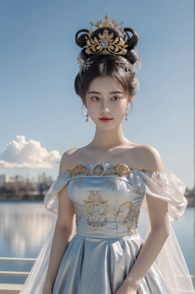 1 girl, alone, masterpiece, Gorgeous metal style，Extreme details, send 1 cloud ice,short hair,髮bun,big hair,hair standing on end,bun, delicate eyes, metal crown，Decorated with ornate stripes, flowing hair, details on face, Clothes made of silver, gold lace dress, ,