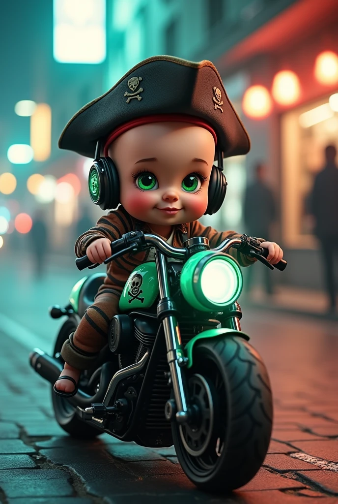 Pirate baby Spanish gamer green eyes bald motorcycle