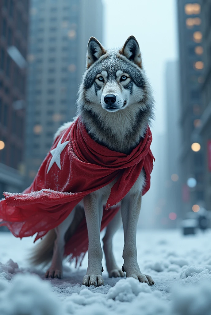 a frozen wolf with turkey flag in the frozen city