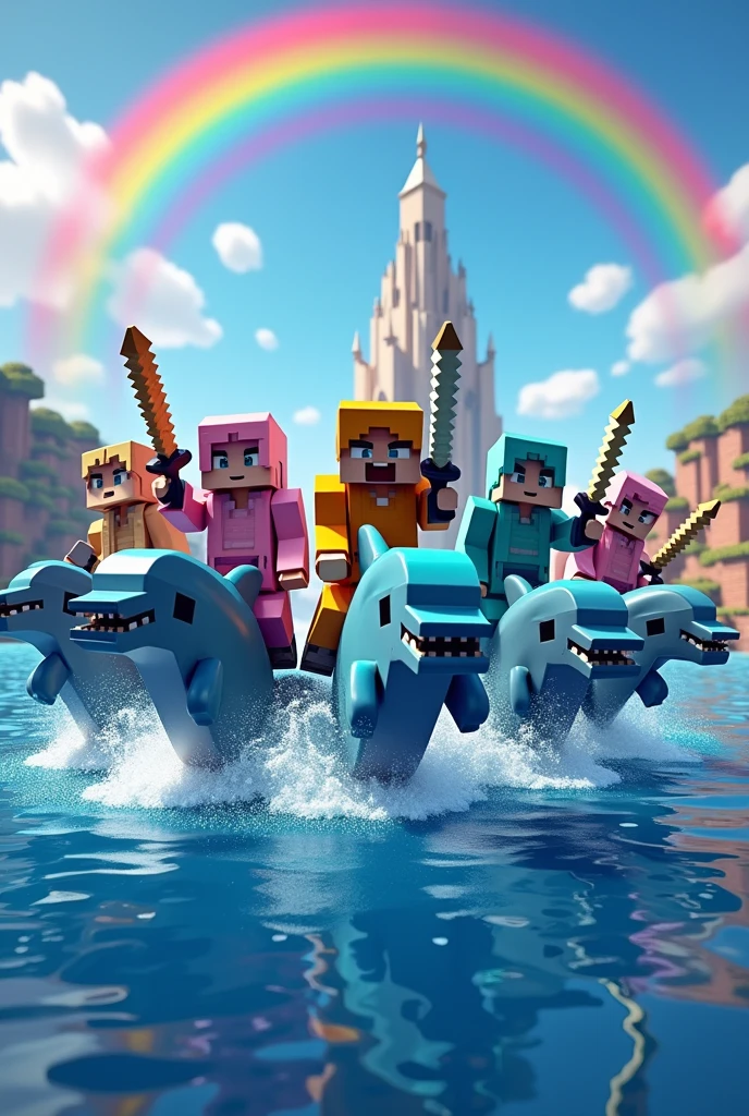 Create a Minecraft-style image showing a sea full of jumping dolphins. About each dolphin, place Minecraft characters wearing full enchanted netherite armor. Be sure to include several vibrant rainbows in the sky, filling the scene with color. The background must be a Minecraft landscape depicting a marine environment. Each character must hold a sword, And also, Each one must have a skin that represents a famous person. But that character must be riding dolphins but there are more rainbows but they are in a marine temple