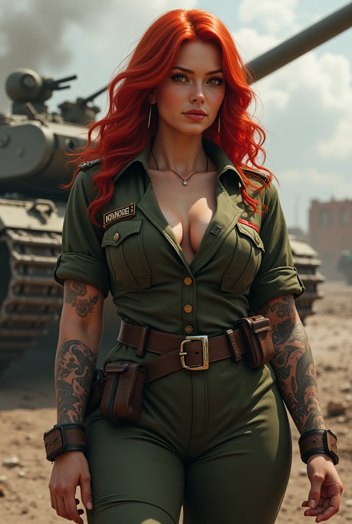 Sexy red hair chubby girl with tattoos in war uniform, war background in front of tank