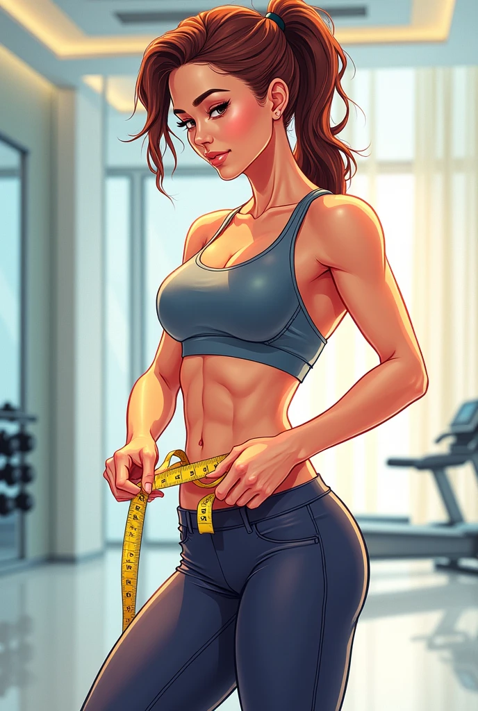 A colored drawing of a fitness woman measuring her belly with a tape measure