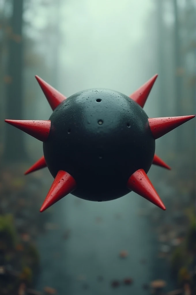 Black round flying machine, with 4 red, horizontal cone-shaped spikes
