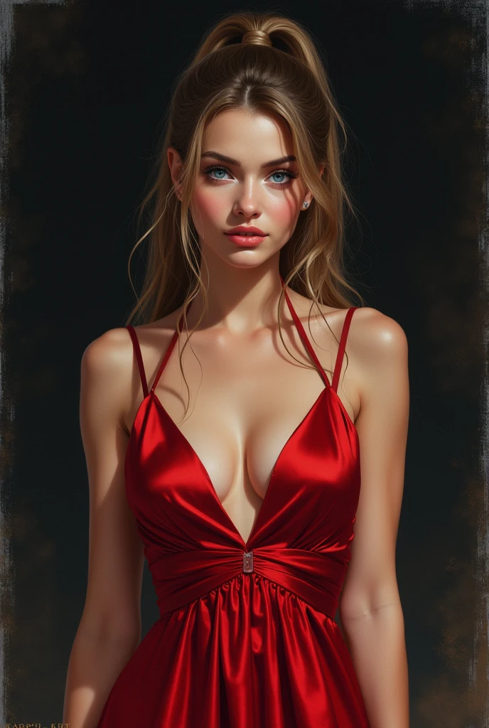 a beautiful woman in a red spaghetti strap dress, long black coat, detailed face, stunning eyes, luscious lips, gorgeous figure, flawless skin, dynamic pose, dramatic lighting, cinematic composition, vibrant colors, oil painting, photorealistic, hyper detailed, 8k