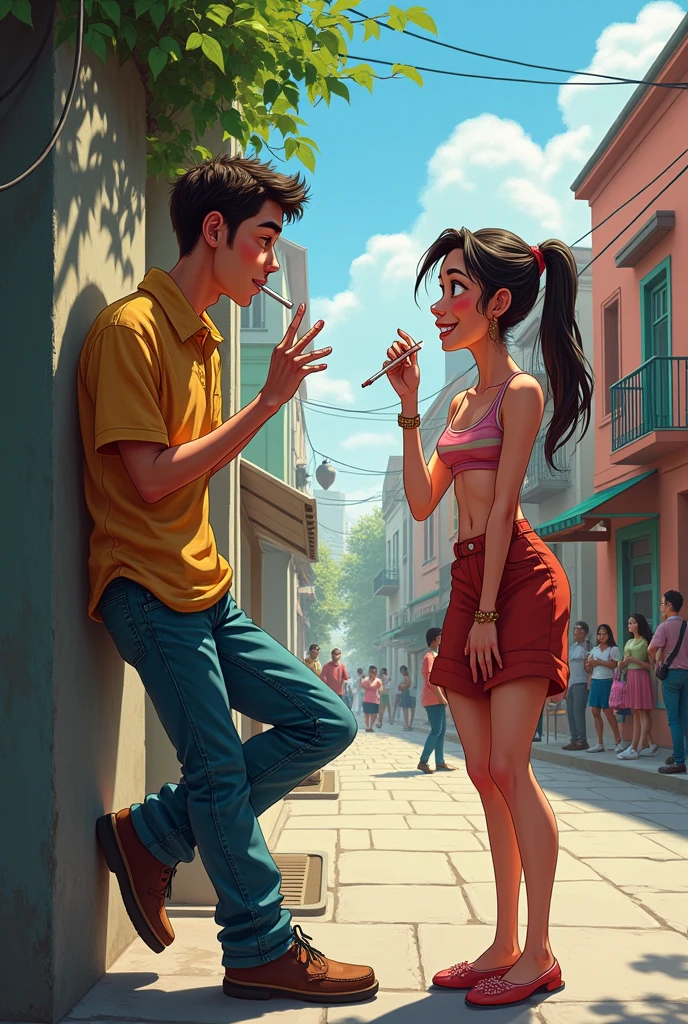 Young man smoking in the neighborhood with a cartoon woman