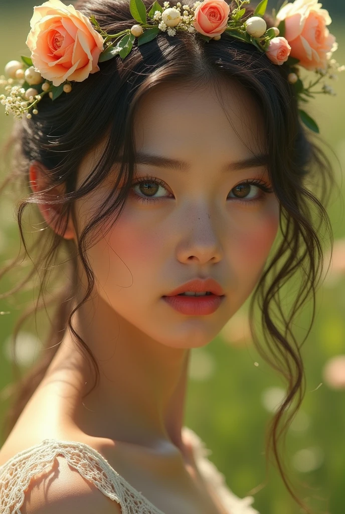a strong uncontrollable desire for the war to end and never happen again, always peace and happiness, 1girl, beautiful detailed eyes, beautiful detailed lips, extremely detailed eyes and face, long eyelashes, peaceful expression, serene, hopeful, delicate flower crown, soft natural lighting, warm color palette, (best quality,8k,highres,masterpiece:1.2),ultra-detailed,(realistic,photorealistic,photo-realistic:1.37),highly detailed portrait,cinematic composition,dramatic lighting,serene landscape,idyllic meadow,lush greenery,vibrant colors