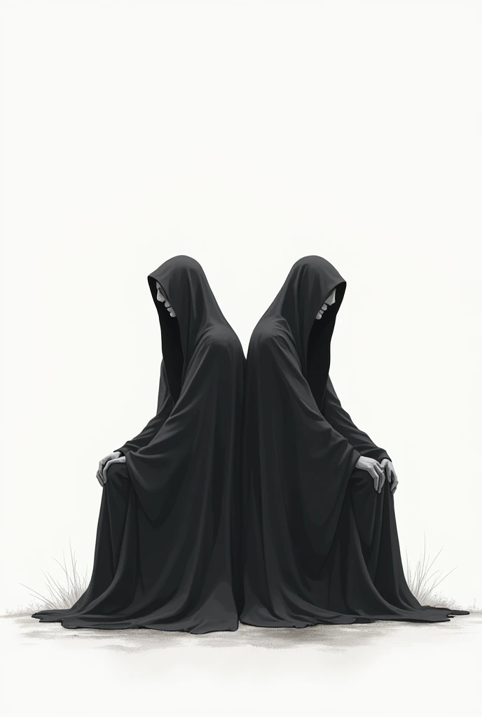 Death in two different positions and expressions, looking straight ahead, seated. flat white background. Digital art.