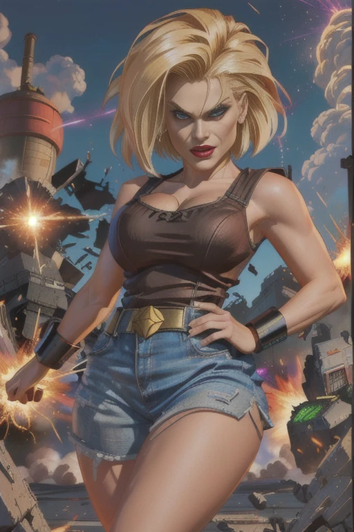 "Android 18 unleashes her immense power, Produce amazing, Explosion of destructive energy."