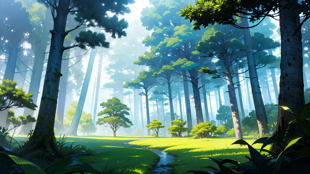 Magical forest, tropical forest, holy forest, white lighting tree, lush trees, masterpiece, landscape