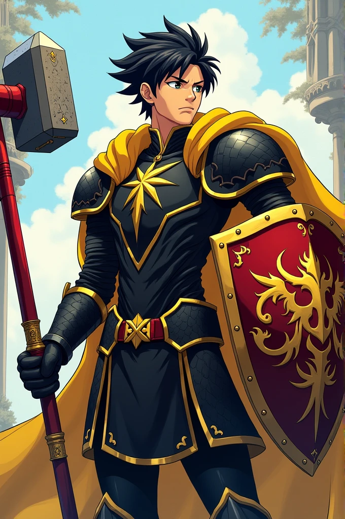 Create a character named Hiro Higure. He is a paladin from dnd. He has an emblem that is composed of gold flames shaped like a dragon which is on his bronze-colored shield. Hiro has short and spiked black hair, obsidian eyes, and tan skin. He has black armor with gold trimming and has a scarlet warhammer with blue radiant cracks the top of the hammer. Hiro also has a golden cape with the same emblem as the shield as well. Draw him in the style of Fairy Tail.