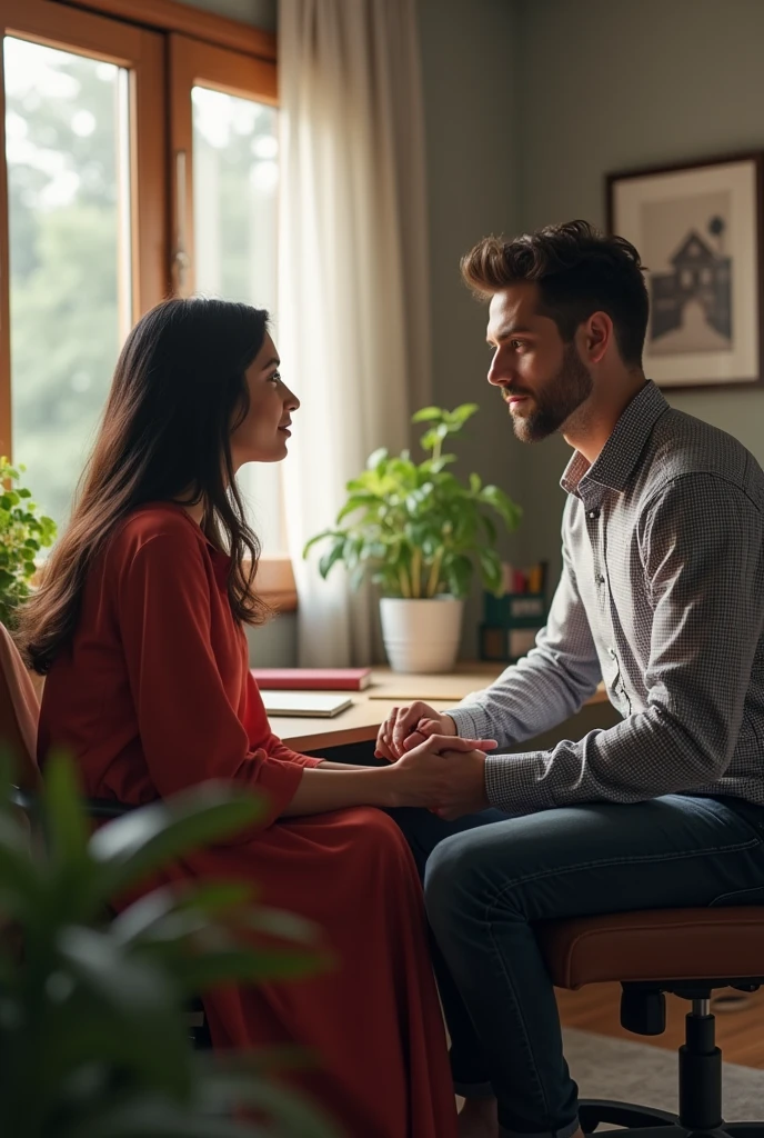 A 2 beautiful pakistani girl is taking interview for job in her office cabin  of a 2 turkish boy who is handsome , fair , with short messy hair  wearing a check designed shirt and jeans 