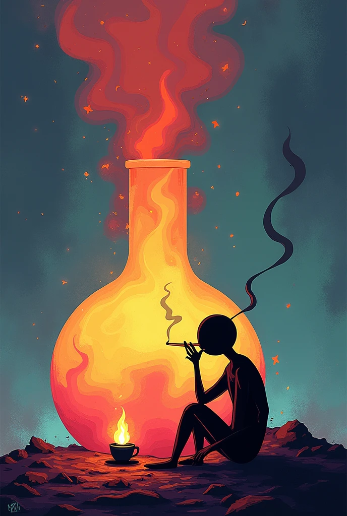 a small fire under a large alchemist&#39;s flask on which a stickman is leaning, sitting on the ground with his legs bent, with a coffee near his mouth in his left hand, and a cigarette in the right hand with the arm straight and relaxed downwards, colorful background dj colors flame style
