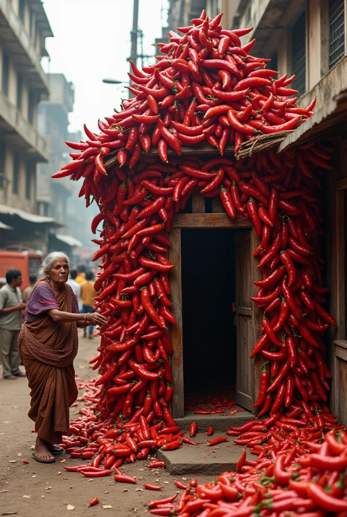 A Indian old poor woman  is making a big chilli house watching people 
