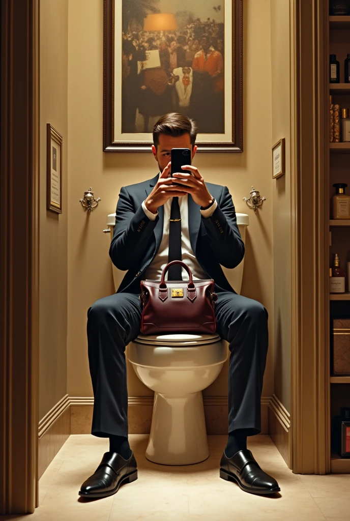 Concept: A person with their pants down, seated on a toilet, taking a selfie with one hand while holding a designer handbag in the other. The bathroom is filled with luxury products, all of which are still tagged with prices, emphasizing their role as status symbols rather than functional items.