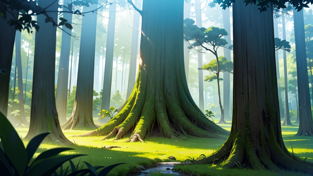 Magical forest, tropical forest, holy forest, white lighting tree, lush trees, masterpiece, landscape